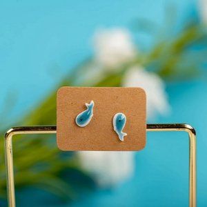 Porcelain Handmade Mini Blue Whale Stud Earrings